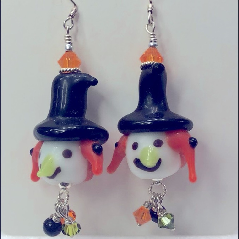 HEAD WITCH WITH HAT LAMPWORK STERLING SILVER EARRING
